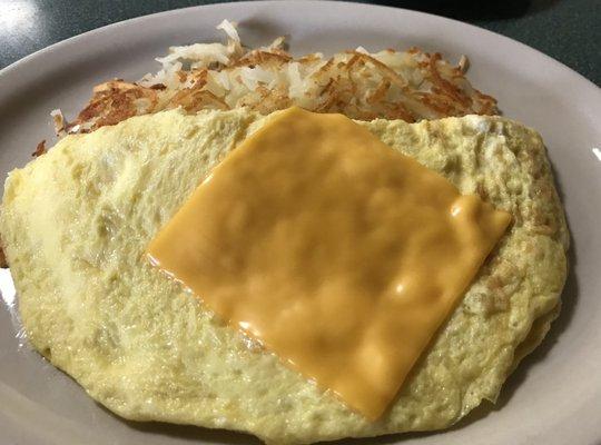 Cheese omelet with hash browns.