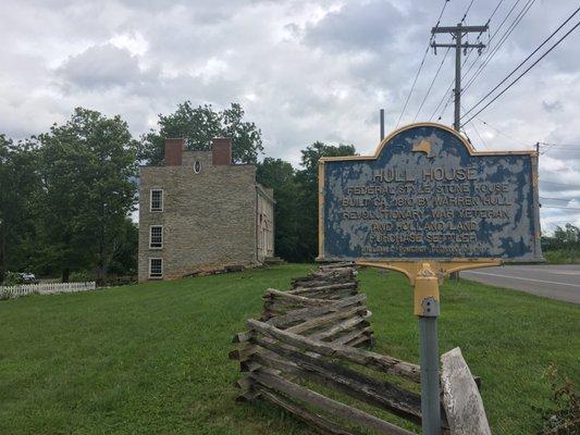 Historical marker, photo facing towards the Hull House and garden