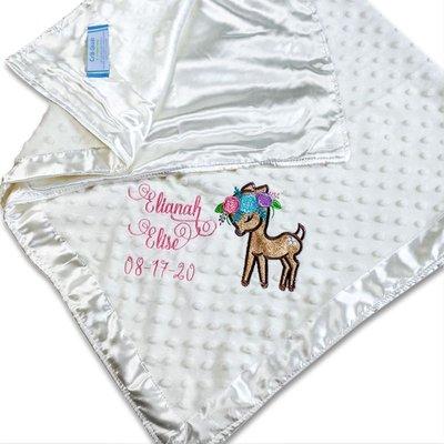 White blanket - embroidered with Baby Fawn & personalized with name