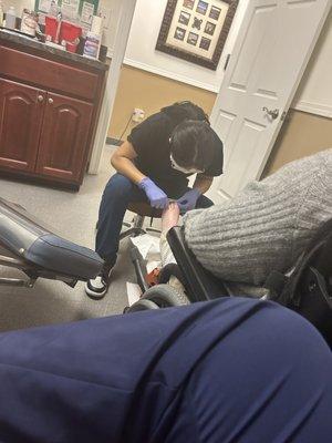 Appointment time client is comfortable with just any one so we take her to her specialist who specializes and foot care