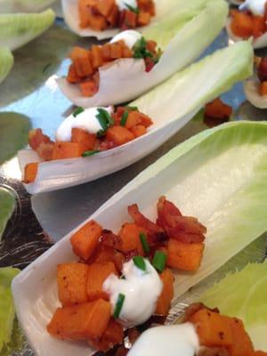 Sweet potato and bacon microhash on crispy endive