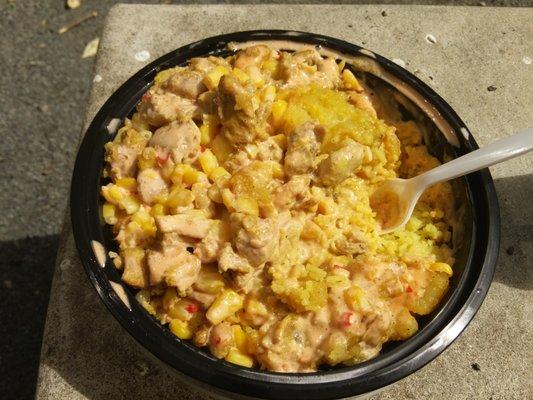 Creamy curry chicken with rice, corn, potato, and pear