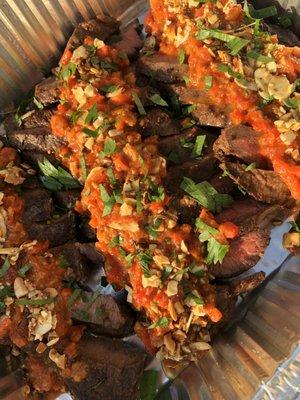 Wagner flat iron steak topped with romesco sauce