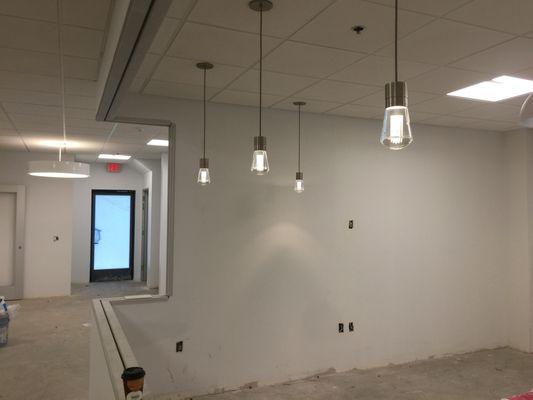 Commercial breakroom lighting. Pendants and 2X4