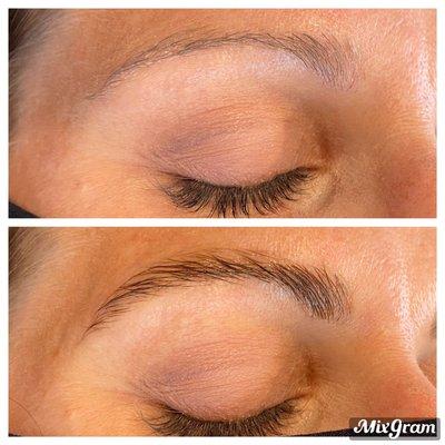 Brow lamination before and after. Helps to create and fuller fluffier brow.