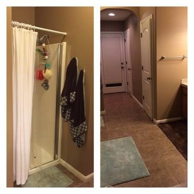 Before pictures, then after with our 9 ft walk in zero barrier shower. Rain shower, shower spray jets and cambria Galloway countertops