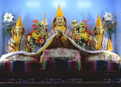 Lama Je Tsong Khapa and his two disciples, part of the Shrine at Gaden Shartse Thubten Dhargye Ling.