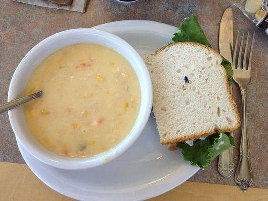 Salmon corn chowder and chicken salad sandwich