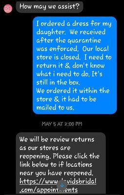 Text & message between David Bridal customer service dept & me.