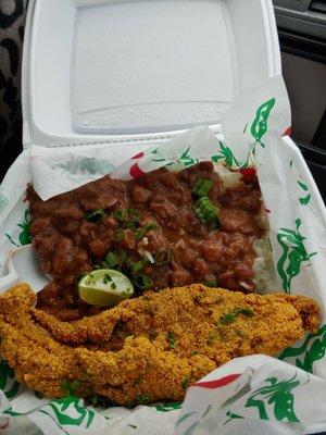 Red beans and rice with 1 catfish $12