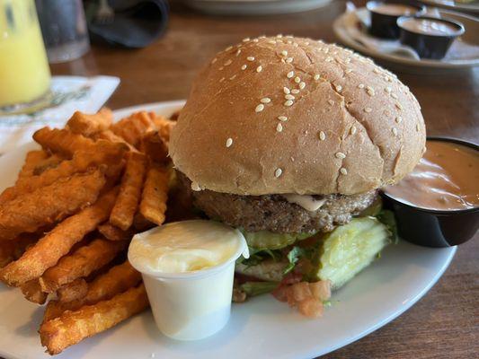 Veggie All American Burger with Sweet Potato Fries.