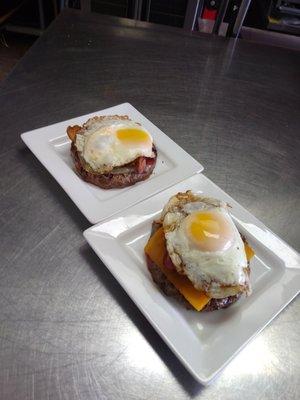 Burgers (no bun) Overeasy eggs!