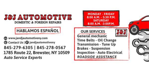 Banner-Cover  J & J automotive Brewster, NY, Hablamos Español,Our services, Auto repair, General mechanic, Oil change, Brakes, Tires