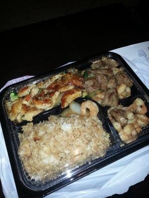 Steak, shrimp, and chicken 3 way