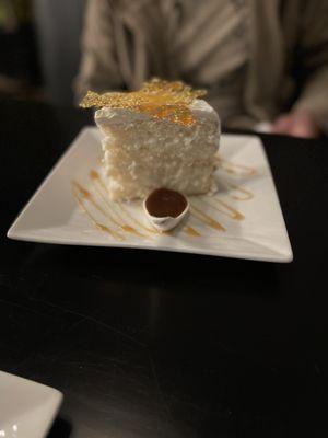 Coconut cream cake with salted caramel sauce