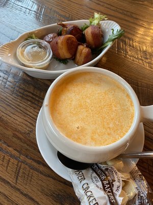 Bacon wrapped scallops , Lobster stew $48 which included a lemonade.