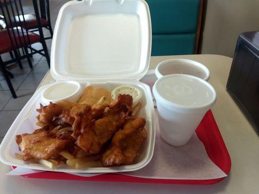 Fish and chips with Cole slaw and a cup of vegetable soup