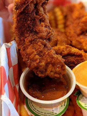 Chicken Tender dipped in Maple Syrup. Tenders are $8 alone, $10 with fries. Syrup is $1.