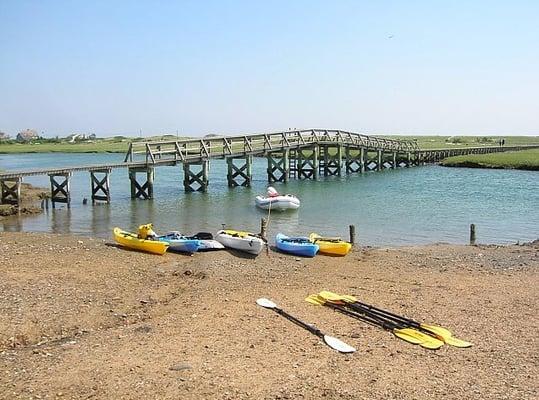 ECOtourz kayaks on the shore at the Boardwalk in Sandwich, MA.