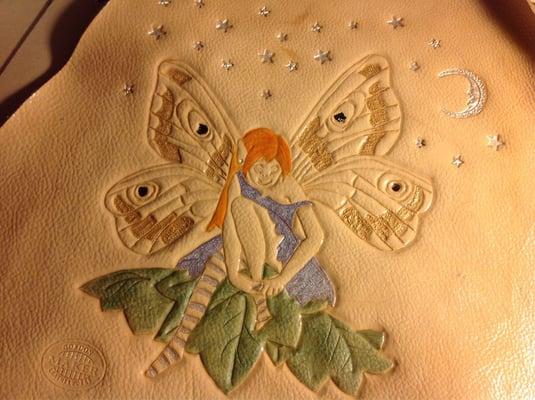 Pixie hand-tooled & coloured, to be patch on custom-made laptop case.