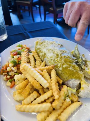 Green Chile burrito with papas and corn (up charge)