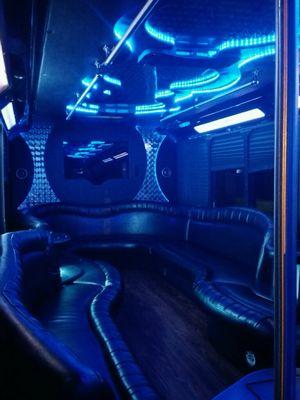 26 luxury limo bus.  iPod hookup, fiber optic lighting, and coolers.