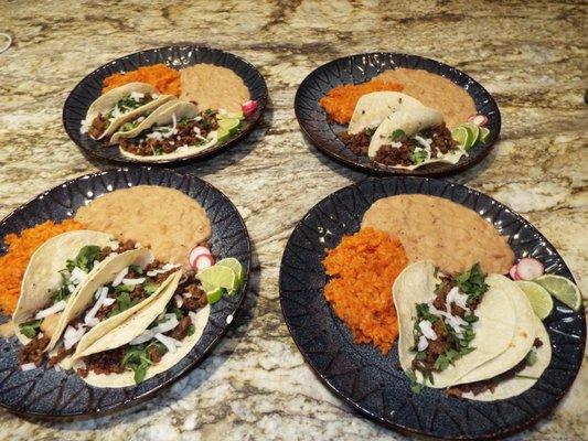 Carne Asada Tacos with rice and beans