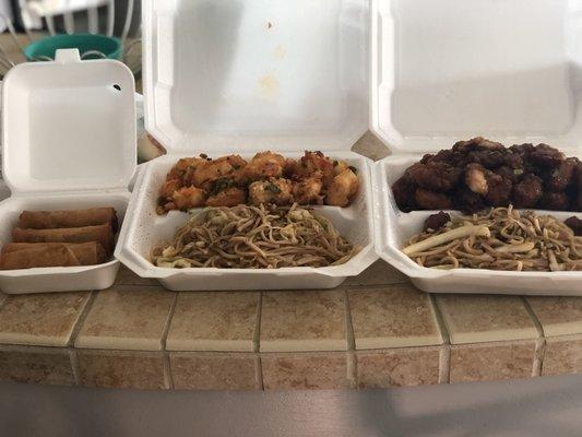 What my husband and I had ordered. Egg rolls, spicy shrimp, orange chicken, and lo mein. Deeeeelicious!!!!