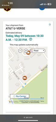 The original time the package was supposed to be here. I've been watching the little ups go circles. Around my home