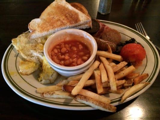 Irish Breakfast. 2 eggs, 2 bangers, rasher, toast, chips, 1 slice each of black and white pudding, stewed tomato and mushrooms.