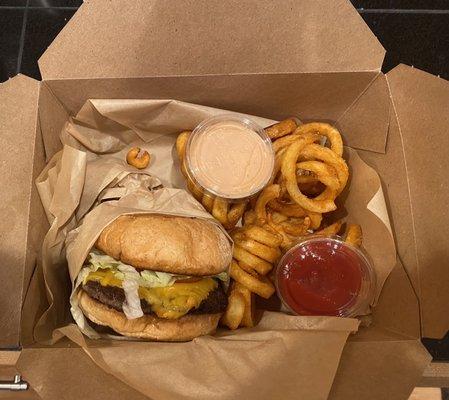 Boom box burger and curly fries, so good!