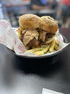 The Yung Gripper Fried Chicken Sliders with Parmesan fries.