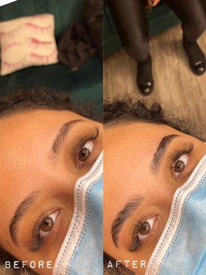 Before and after iBrow lamination / lift 
top model look - fluffy brows on fire