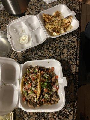 Tacos de Asada and Quesadilla de Pollo