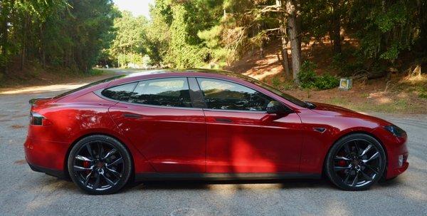 Another view of my Tesla Model S window tint and chrome black  out.