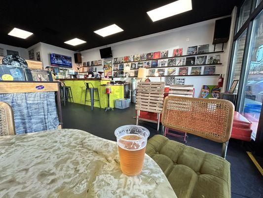 Cold beer and cute seating areas.