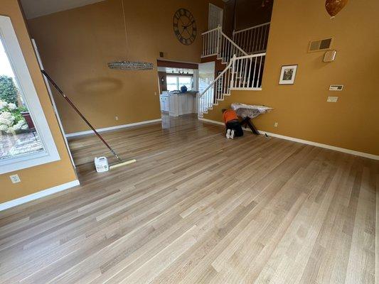 White oak quarter sawn finished with Bona traffic HD satin. Alameda ca. Hardwood floor installation