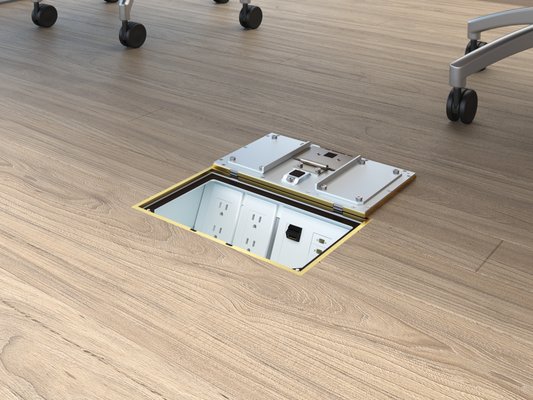 Our FL-400 floor box installed in wood flooring allowing access to AV connections in the floor.