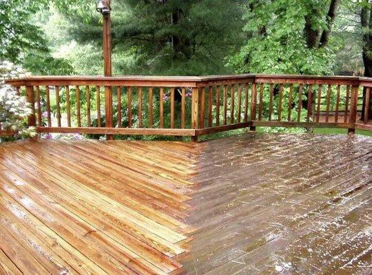 Before and after of wooden deck being Pressure Washed