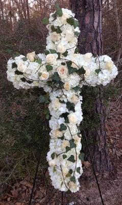 White Sympathy Cross created by Towne Flowers in Spring, TX