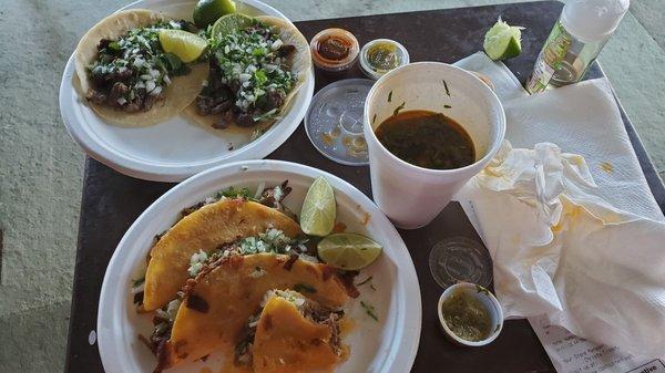 Quesa birria tacos, asada tacos, consome.