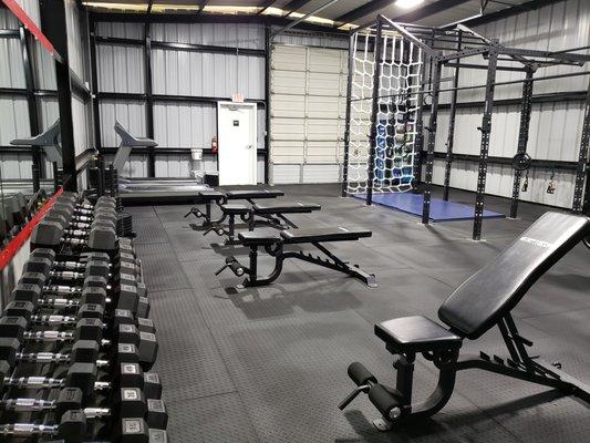 Dumbbells, kettle bells, Adjustable benches, plates, and treadmills.