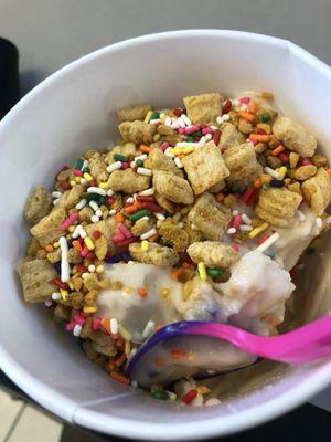 Silk almond milk ice cream with captain crunch and sprinkles