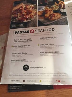 Menu pastas and seafood