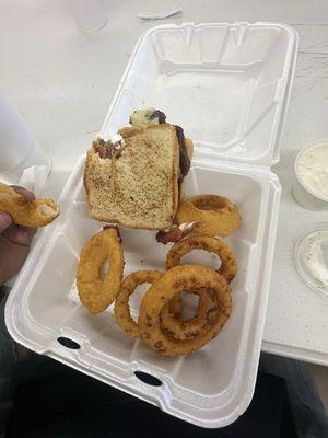 Patty melt with bacon Onion rings