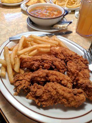 Very generous Chicken Strip platter, with two sides or one side and a soup/salad bar.