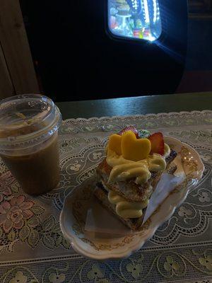 Iced lavender latte and their vegan fruit tart