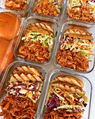 BBQ pulled jackfruit, sweet and spicy coleslaw, and grilled potato wedges