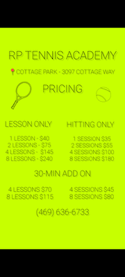 Tennis Lessons and Hitting Sessions Pricing - Cottage Park