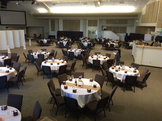 Our auditorium has the capacity to accommodate up to 300 guests with tables and chairs providing a delightful space for your event.